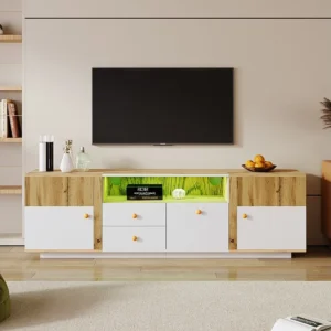 Móvel TV com 2 portas, 3 gavetas e 2 nichos - LEDs - Aglomerado - Carvalho e branco