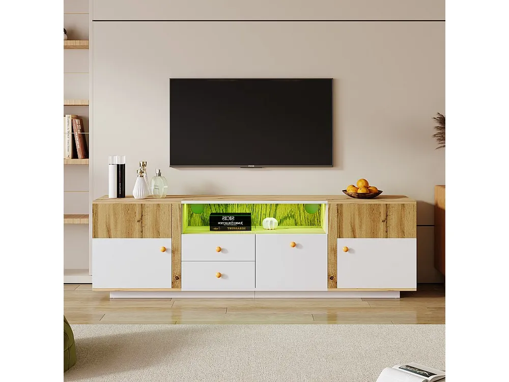 Móvel TV com 2 portas, 3 gavetas e 2 nichos - LEDs - Aglomerado - Carvalho e branco