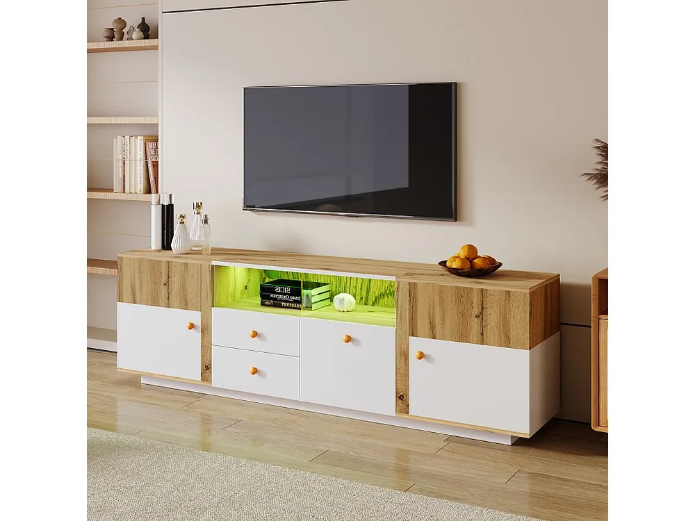 Móvel TV com 2 portas, 3 gavetas e 2 nichos - LEDs - Aglomerado - Carvalho e branco