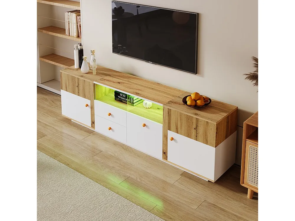 Móvel TV com 2 portas, 3 gavetas e 2 nichos - LEDs - Aglomerado - Carvalho e branco