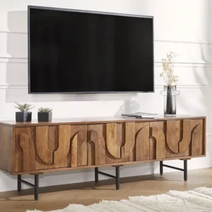 Móvel de TV com 3 portas em madeira de mangueira e metal preto, cor espontâneo - MIZORAM