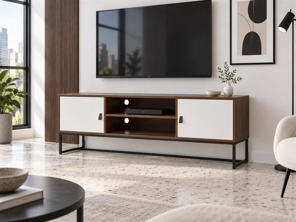Móvel de TV com 2 portas e 2 prateleiras em madeira escura e branco NUEVA
