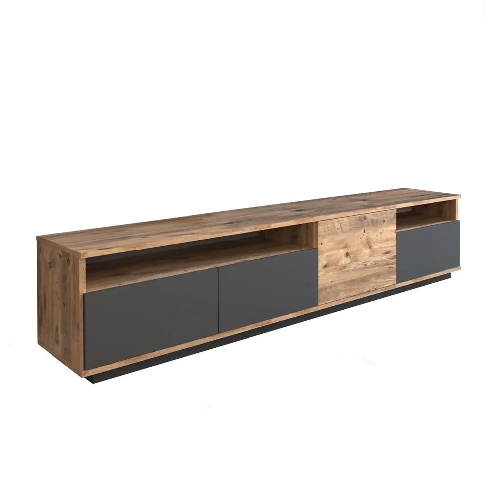 Móvel de TV com 2 prateleiras e 4 portas de batente Ceramno 180cm Madeira Orgânico e Antracite
