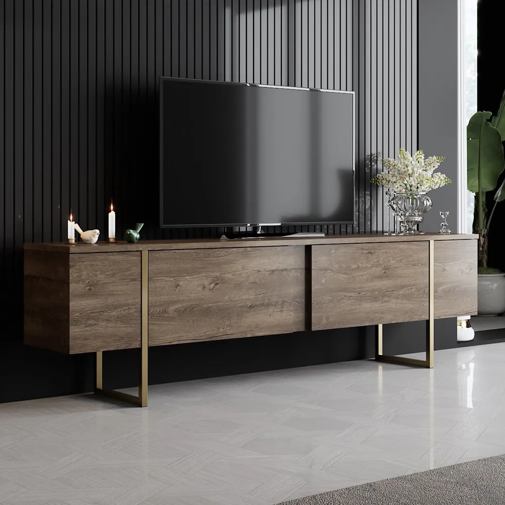 Móvel de TV design 2 portas basculantes Sibylle L180xH50cm Metálico Dourado e Madeira escura