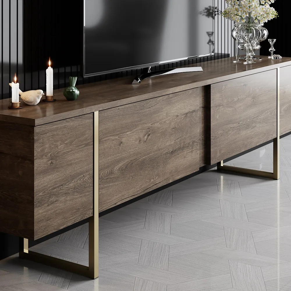 Móvel de TV design 2 portas basculantes Sibylle L180xH50cm Metálico Dourado e Madeira escura