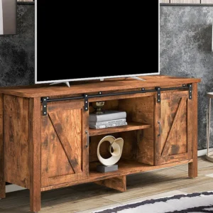 Móvel TV estilo industrial com 2 portas de correr - Prateleira regulável - Para TVs até 50" - Castanho retró