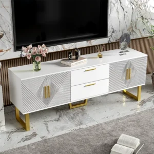 Móvel de TV inovador com 4 portas e 2 gavetas - 170 x 40 x 63,5 cm - Madeira MDF - Branco e dourado