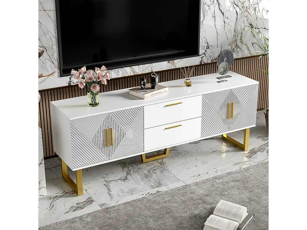 Móvel de TV inovador com 4 portas e 2 gavetas - 170 x 40 x 63,5 cm - Madeira MDF - Branco e dourado