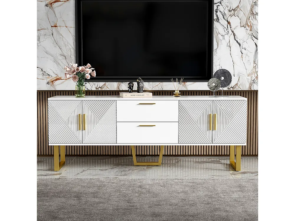 Móvel de TV inovador com 4 portas e 2 gavetas - 170 x 40 x 63,5 cm - Madeira MDF - Branco e dourado