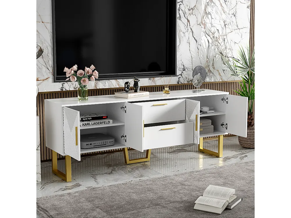 Móvel de TV inovador com 4 portas e 2 gavetas - 170 x 40 x 63,5 cm - Madeira MDF - Branco e dourado
