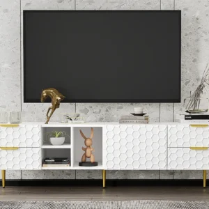 Móvel TV moderno 170cm - 4 gavetas e 4 compartimentos - Branco e Dourado
