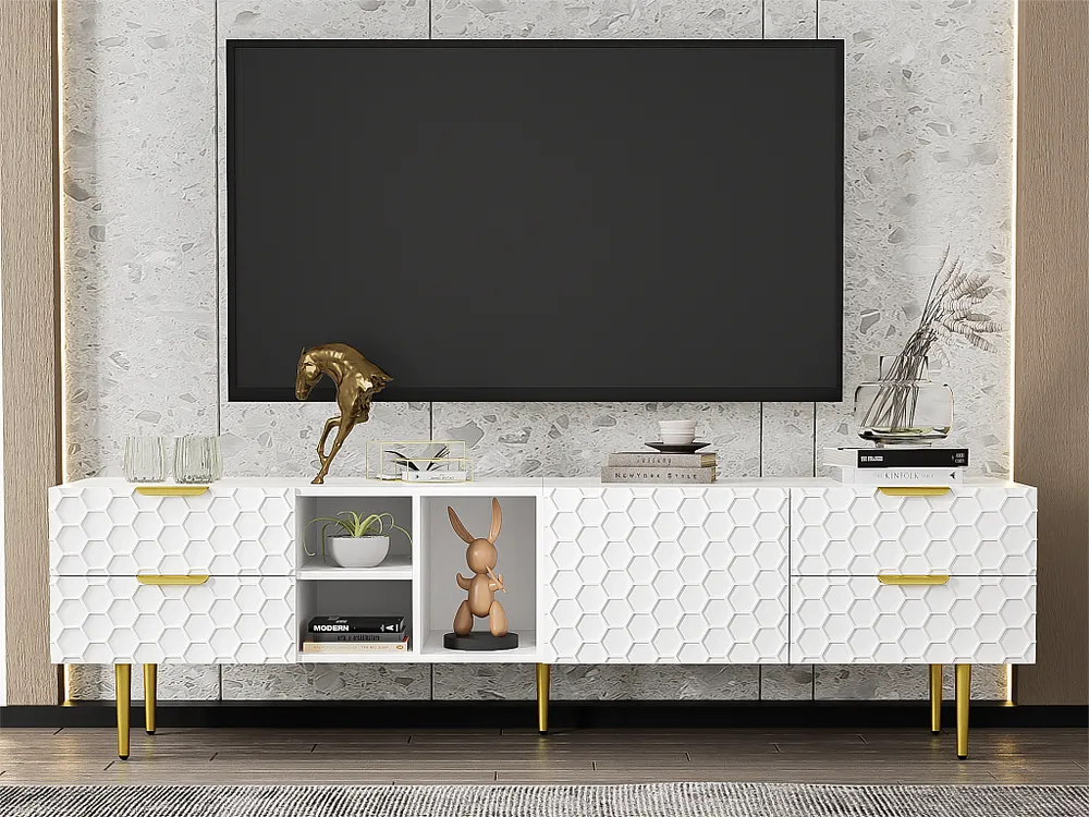 Móvel TV moderno 170cm - 4 gavetas e 4 compartimentos - Branco e Dourado