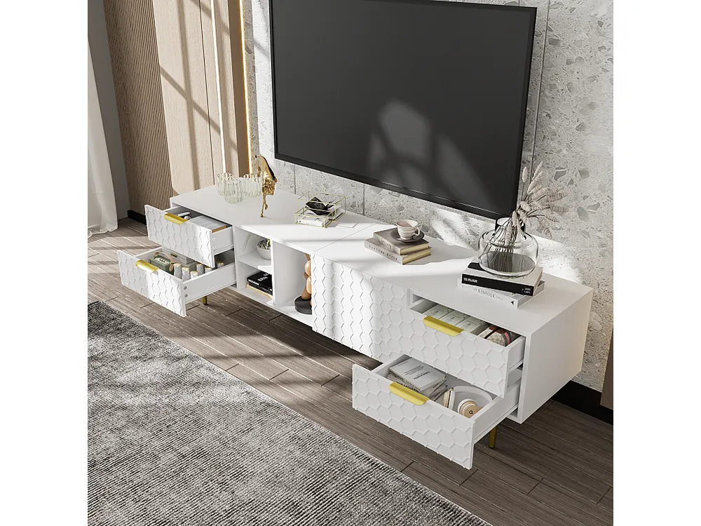 Móvel TV moderno 170cm - 4 gavetas e 4 compartimentos - Branco e Dourado