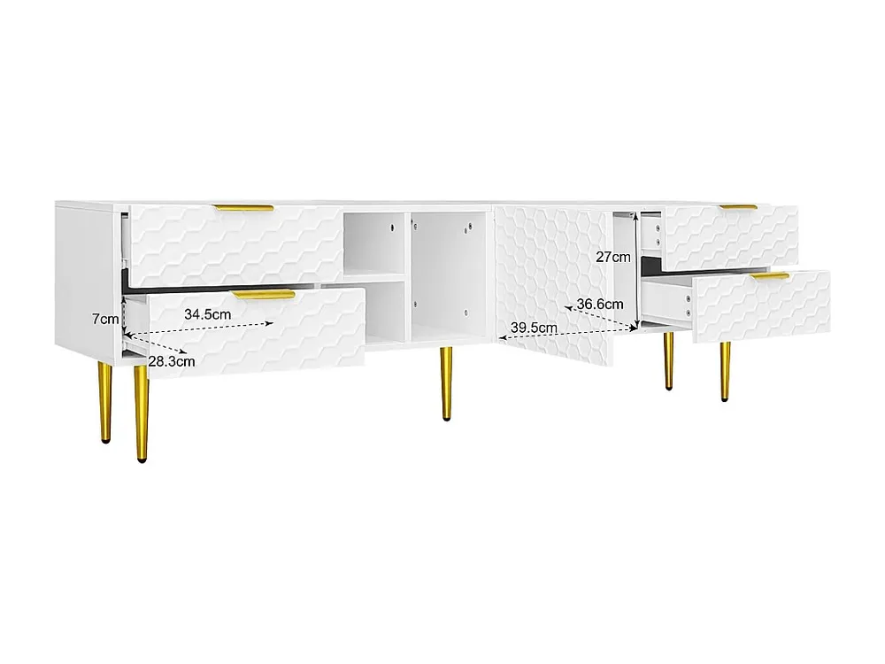 Móvel TV moderno 170cm - 4 gavetas e 4 compartimentos - Branco e Dourado