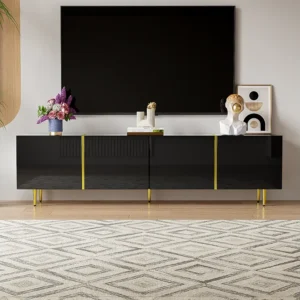 Móvel de TV moderno com 4 portas - 170 x 35 x 46 cm - Madeira MDF - Preto cintilante e dourado