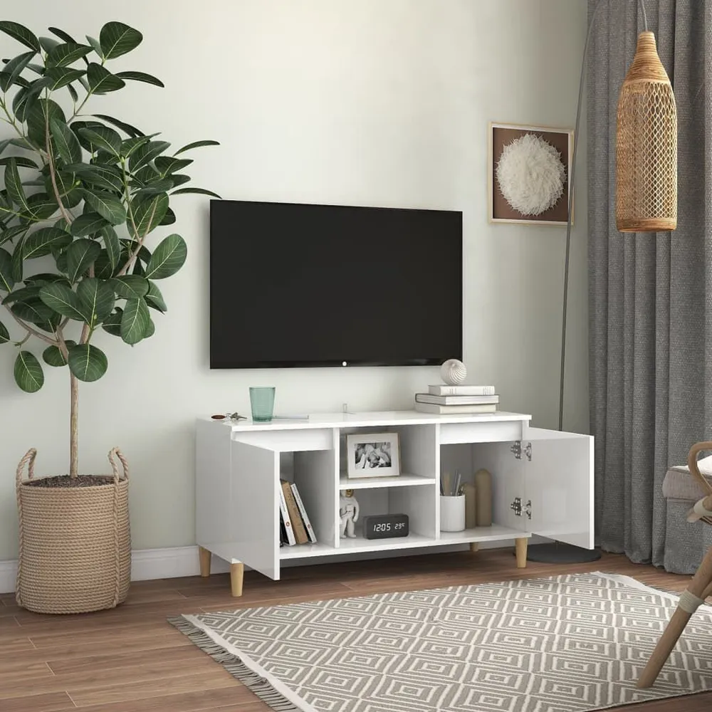 Móvel de TV pernas de madeira 103,5x35x50 cm branco resplandecente
