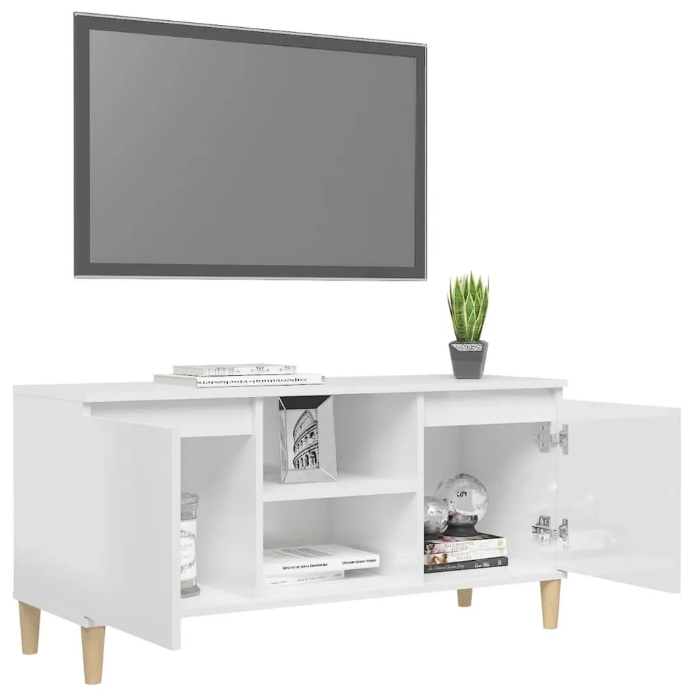 Móvel de TV pernas de madeira 103,5x35x50 cm branco resplandecente