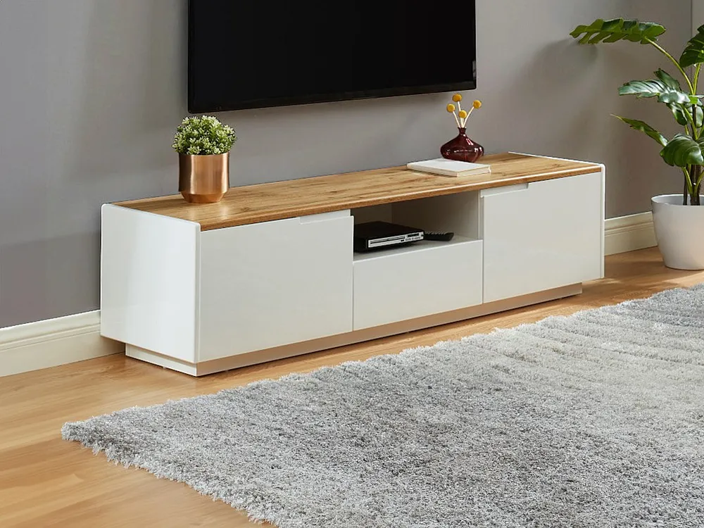 Móvel de TV 2 portas 1 gaveta MDF lacado branco e genuíno AMANI