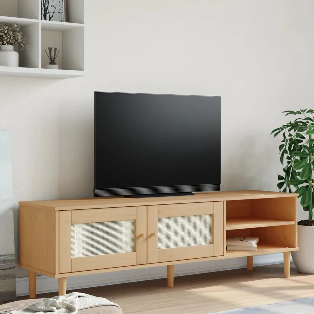 Móvel de TV SENJA aspeto vime 158x40x49cm pinho maciço castanho
