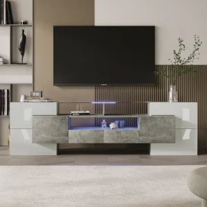 Móvel de TV sofisticado com 4 portas, 2 gavetas e 2 nichos - Aspecto branco brilhante - LEDs - Comprimento 200cm - Cor cinza