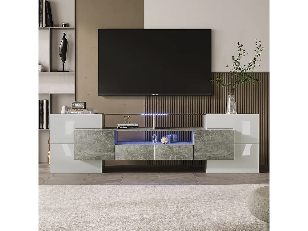Móvel de TV sofisticado com 4 portas, 2 gavetas e 2 nichos - Aspecto branco brilhante - LEDs - Comprimento 200cm - Cor cinza