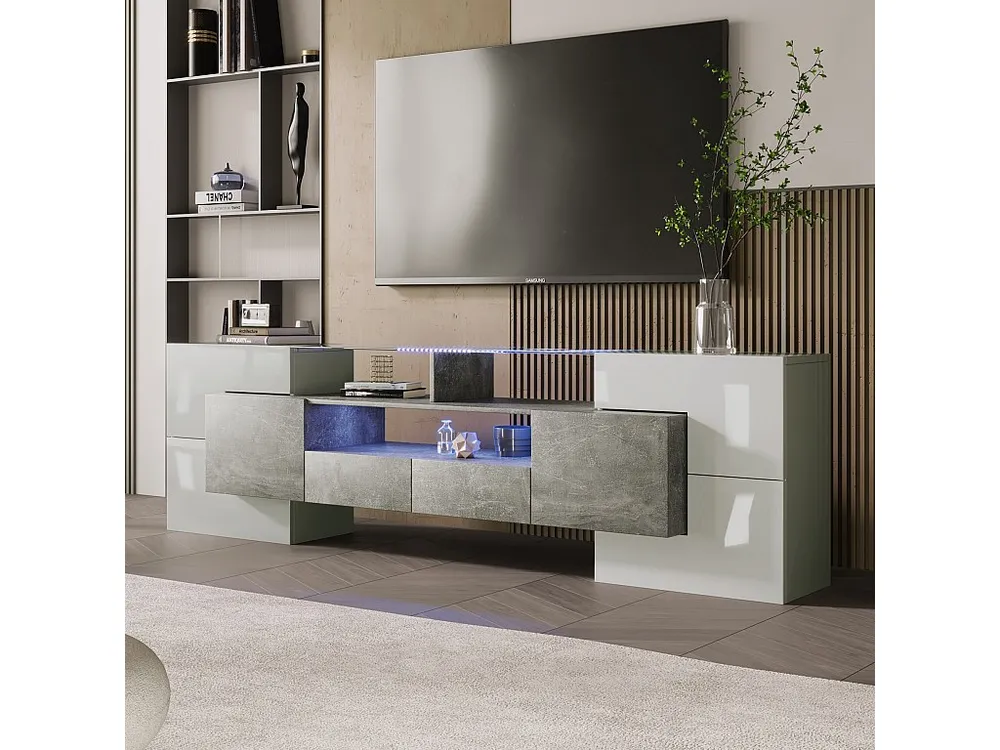 Móvel de TV sofisticado com 4 portas, 2 gavetas e 2 nichos - Aspecto branco brilhante - LEDs - Comprimento 200cm - Cor cinza