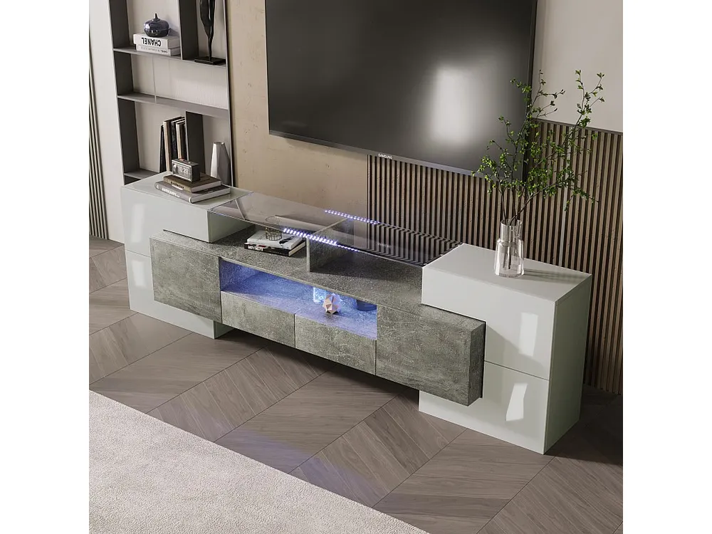 Móvel de TV sofisticado com 4 portas, 2 gavetas e 2 nichos - Aspecto branco brilhante - LEDs - Comprimento 200cm - Cor cinza