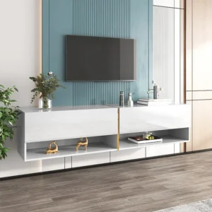 Móvel de TV suspenso resplandecente com 2 portas e 2 nichos - 172 x 35 x 40 cm - Aglomerado - Branco