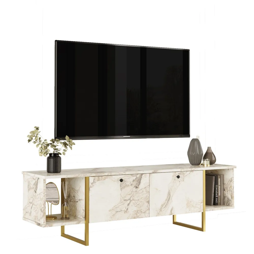 Móvel de TV Toubkal 160cm Metálico Dourado e Madeira Efeito Mármore Branco