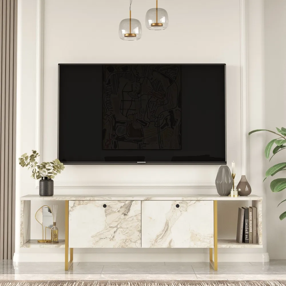 Móvel de TV Toubkal 160cm Metálico Dourado e Madeira Efeito Mármore Branco