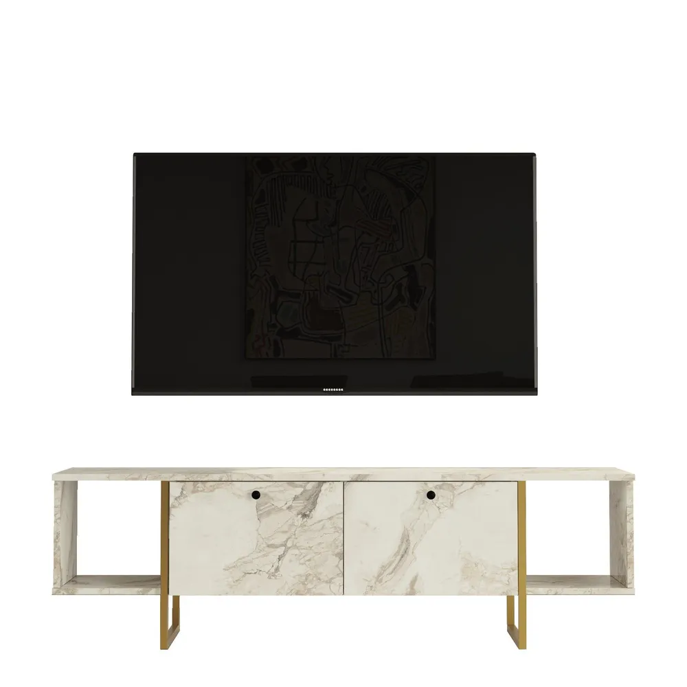 Móvel de TV Toubkal 160cm Metálico Dourado e Madeira Efeito Mármore Branco