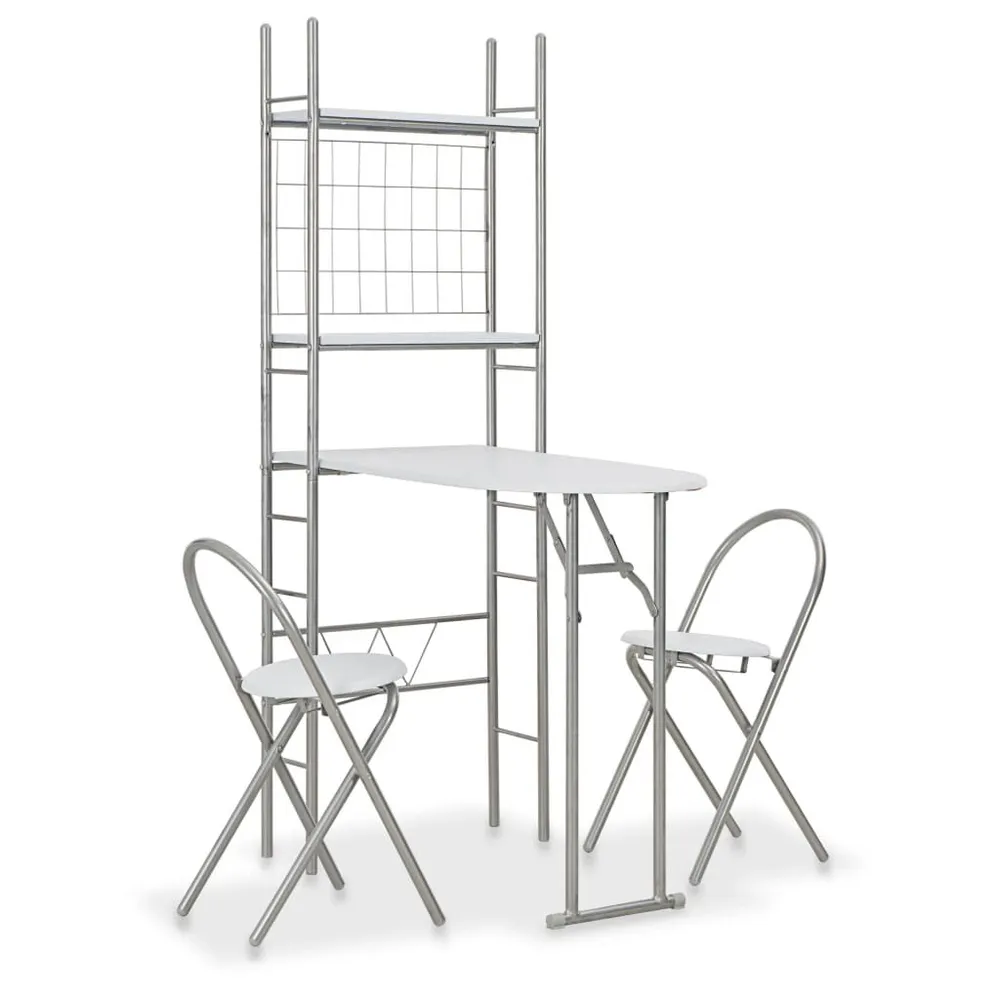 3 pcs conjunto jantar dobrável com prateleira MDF e ço branco
