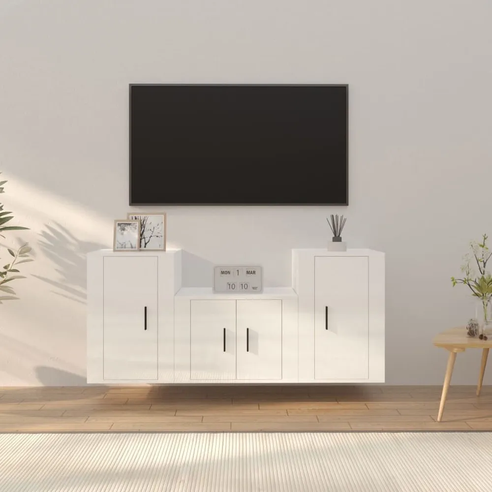 3 pcs conjunto móveis de TV madeira processada branco resplandecente