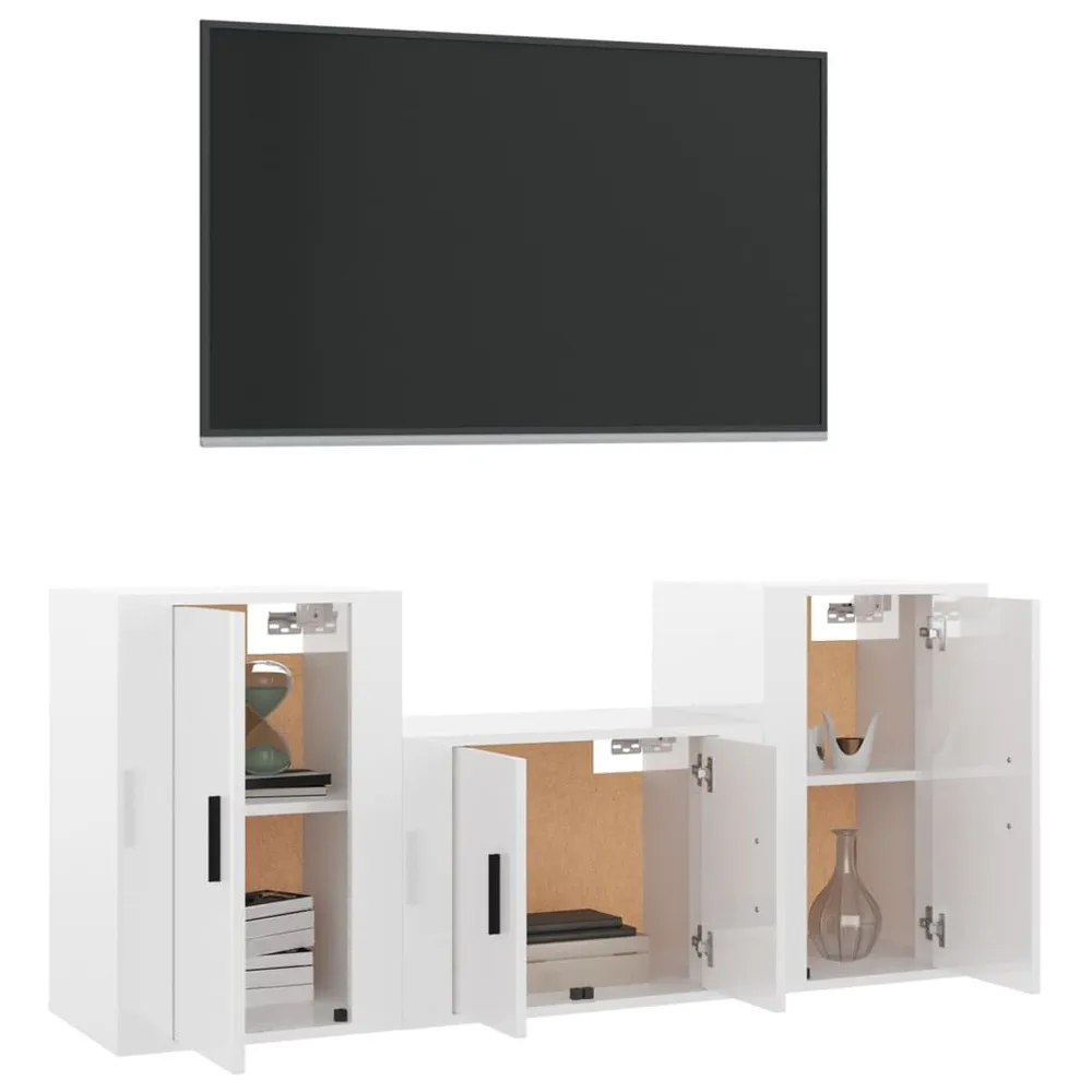 3 pcs conjunto móveis de TV madeira processada branco resplandecente