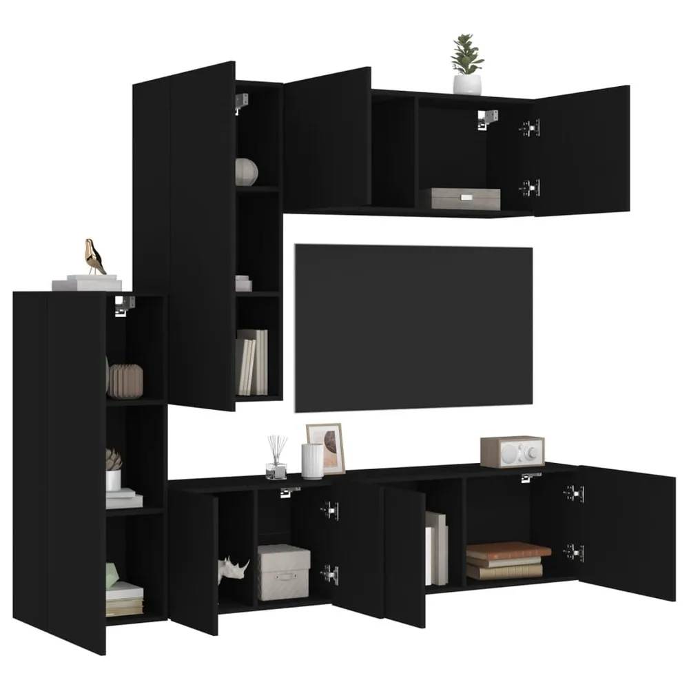 5 pcs móveis de parede para TV derivados de madeira preto