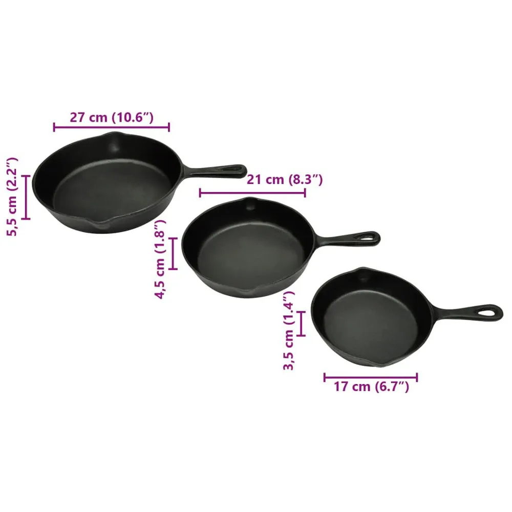 Frigideira de ferro fundido conjunto de 3 peças