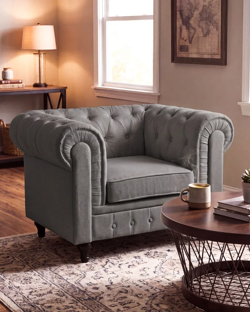 Poltrona CHESTERFIELD Tecido Cinzento nítido