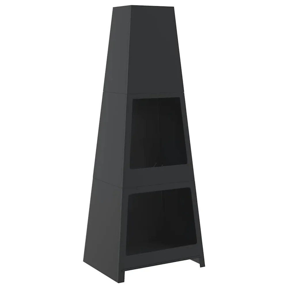 Lareira exterior com arrumação para lenha design torre ço preto
