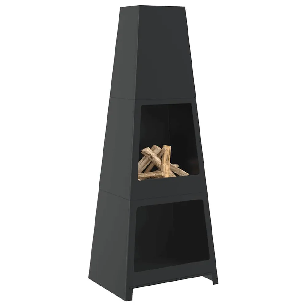 Lareira exterior com arrumação para lenha design torre ço preto