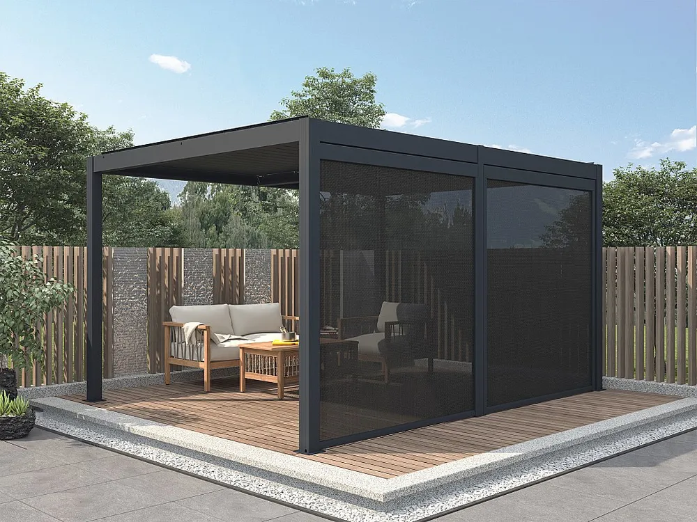 Pérgola bioclimática autoportante em alumínio 12 m² antracite com cortina AMADORA