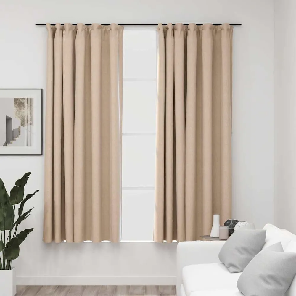 Cortinas opacas aspeto linho com ganchos 2 pcs 140x175 cm bege vidaXL