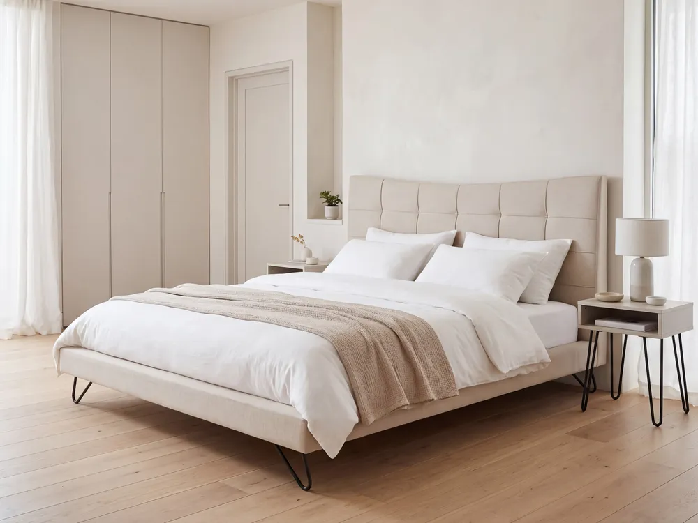 Cama de casal em tecido creme 180 x 200 cm LANNION Tecido de Alta Qualidade