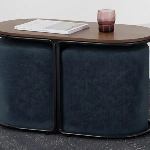 Conjunto mesa de centro + 2 pufes em tecido cor espontâneo e azul - ADAR