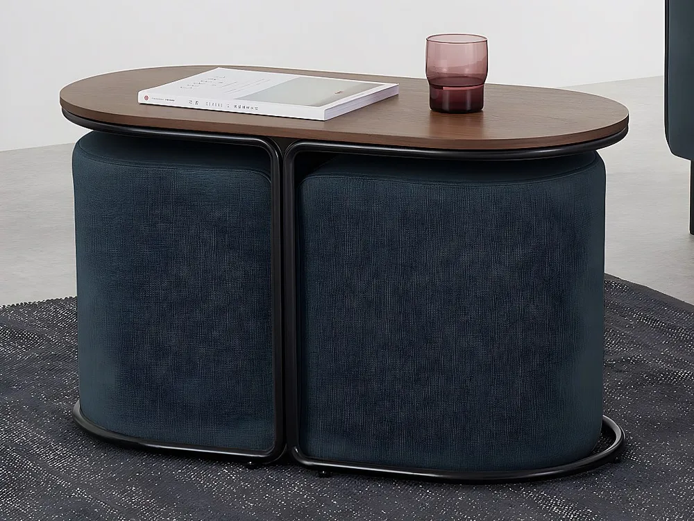 Conjunto mesa de centro + 2 pufes em tecido cor espontâneo e azul - ADAR