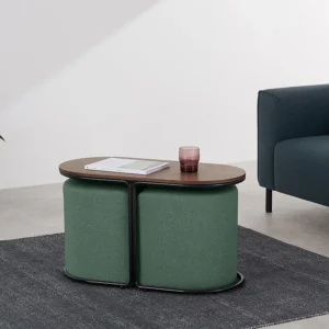 Conjunto mesa de centro + 2 pufes em tecido cor integral e verde - ADAR