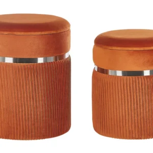 Conjunto de 2 tamboretes com arrumação em veludo laranja CAMDENTON com Porta-copos Integrado