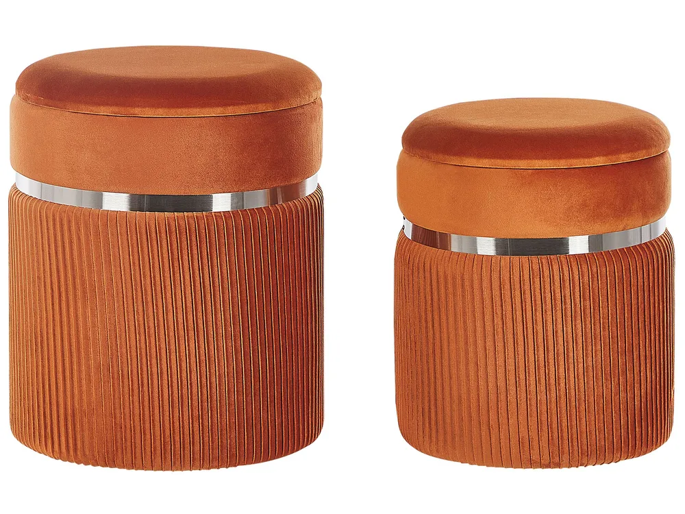 Conjunto de 2 tamboretes com arrumação em veludo laranja CAMDENTON com Porta-copos Integrado