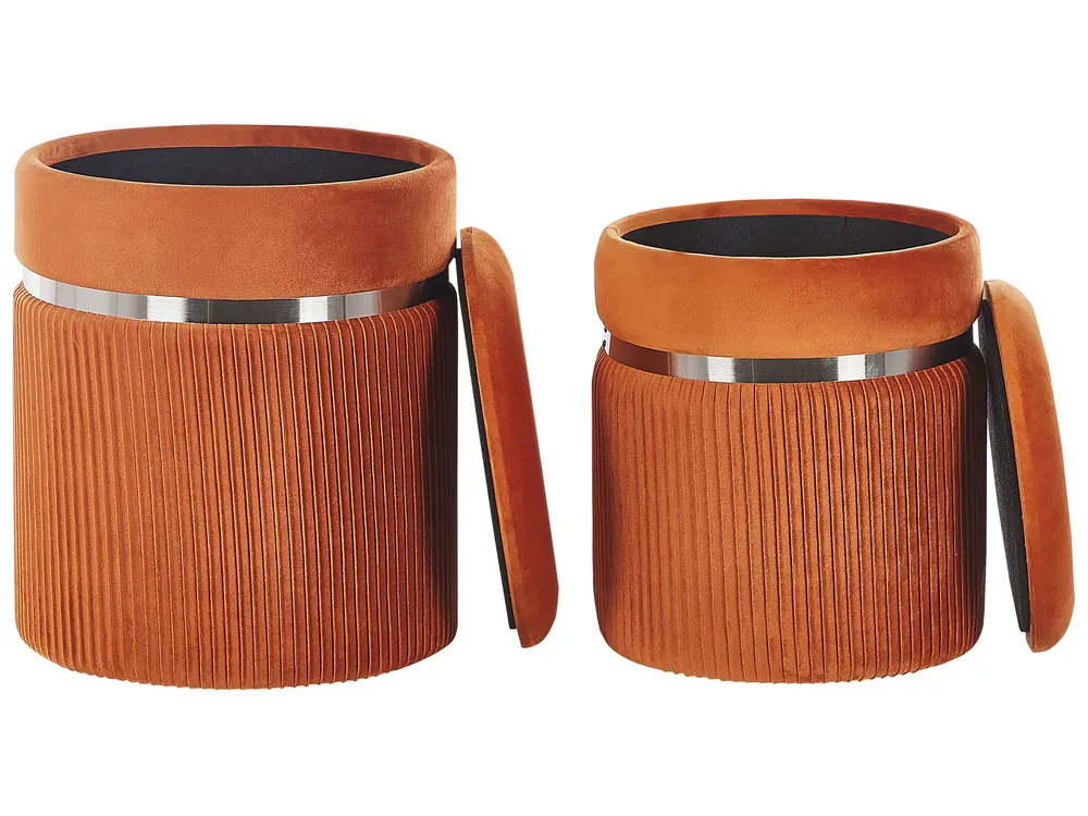 Conjunto de 2 tamboretes com arrumação em veludo laranja CAMDENTON com Porta-copos Integrado