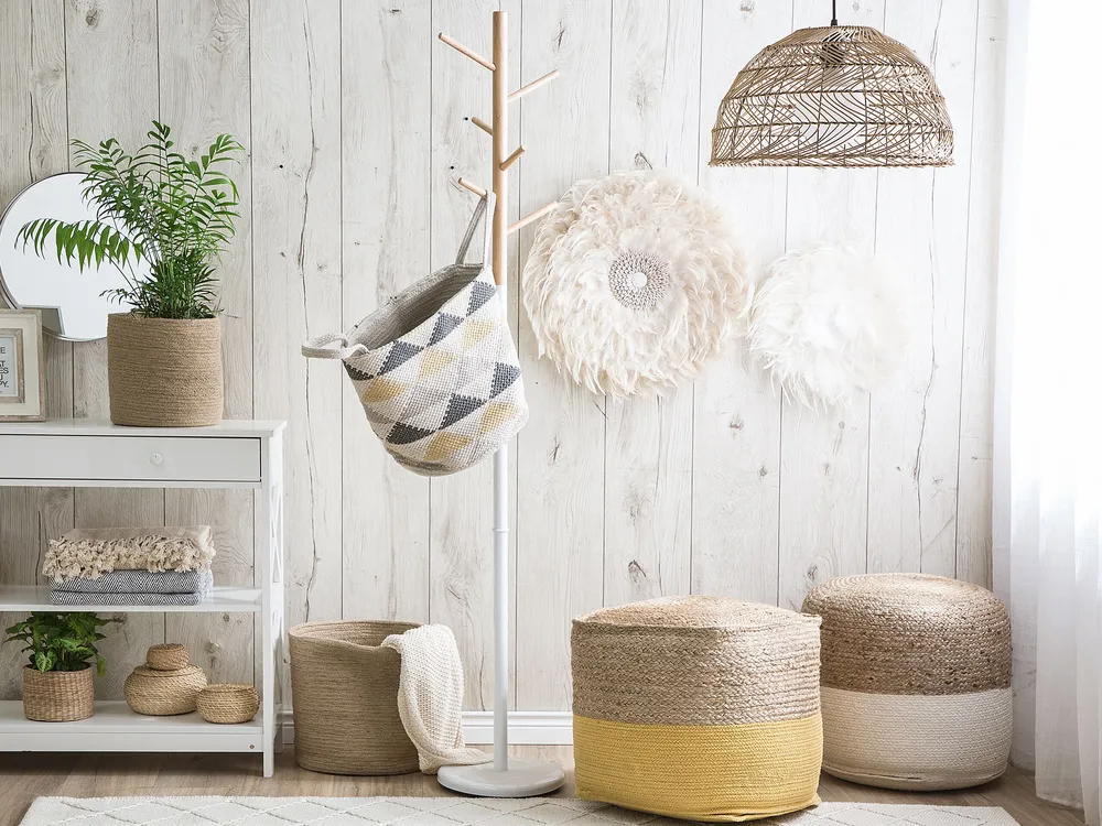 Jute Woven Pouffe Light Grey DALAMA Estofamento em Couro Sintético