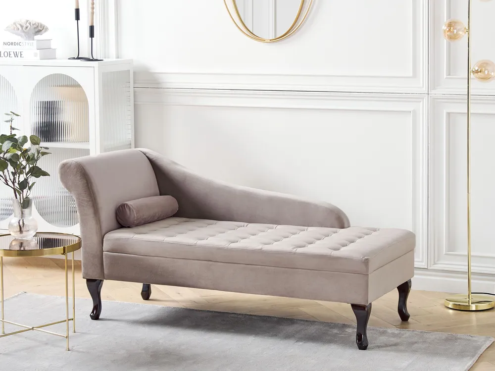 Left Hand Veludo Chaise Lounge Storage Taupe PESSAC Estofamento em Couro Sintético